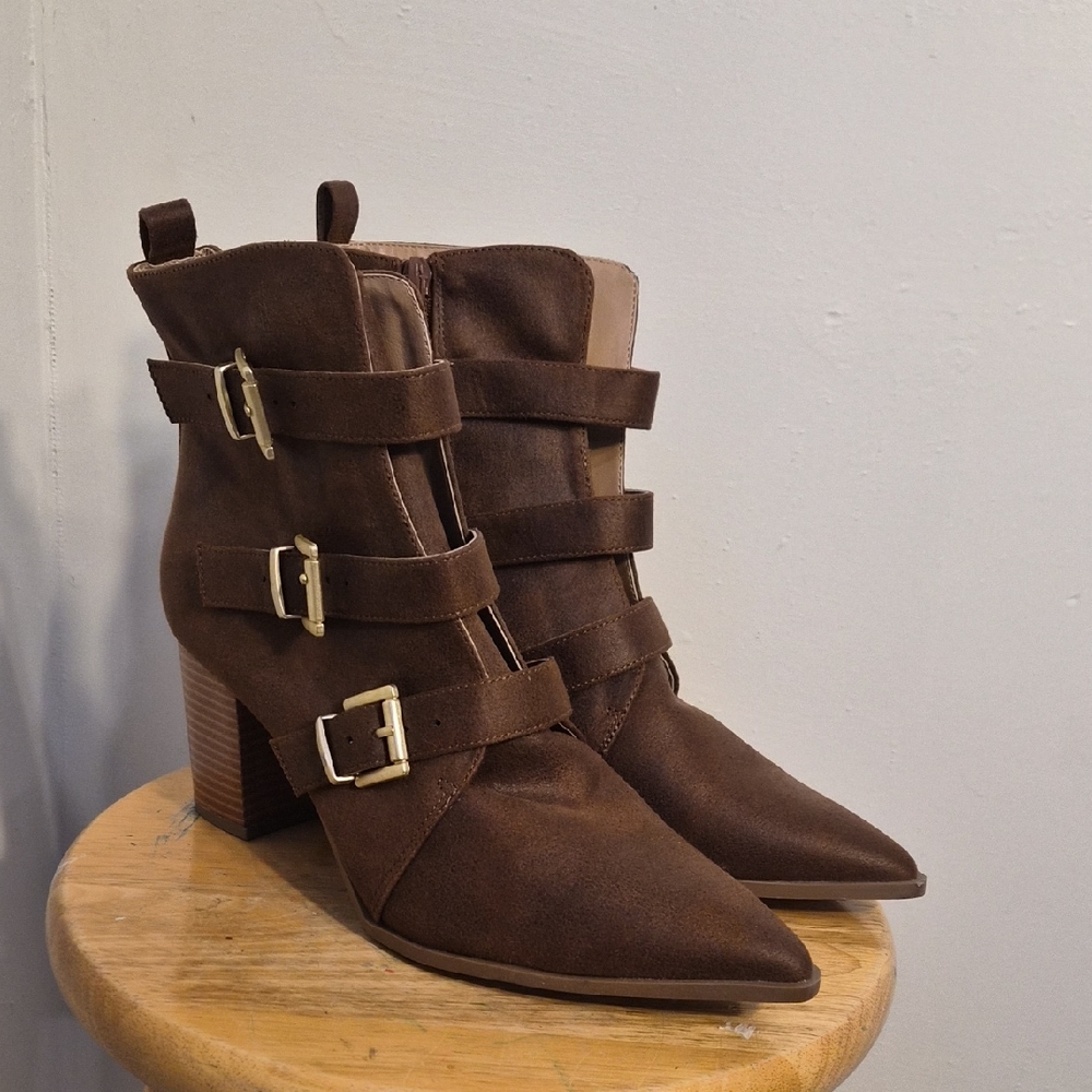 Brown Buckle Strap Ankle Boots